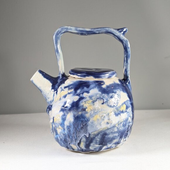 Sassy handmade teapot on stand, hand built ceramic tea pot summer clouds - Picture 9 of 15